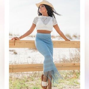 CLOVER FIELDS BLUE FRINGE HEM KNIT MAXI SKIRT